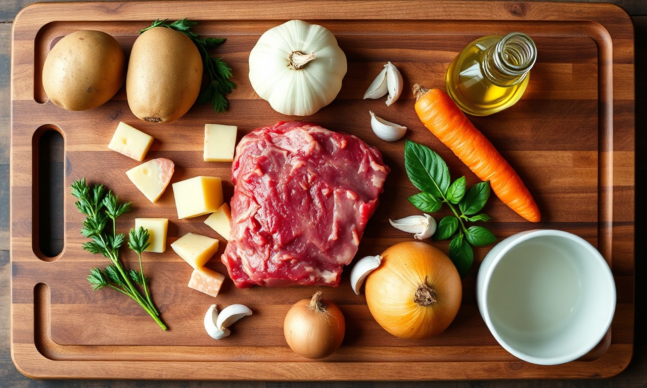 Vista de cima dos ingredientes frescos e organizados em uma superfície de madeira.