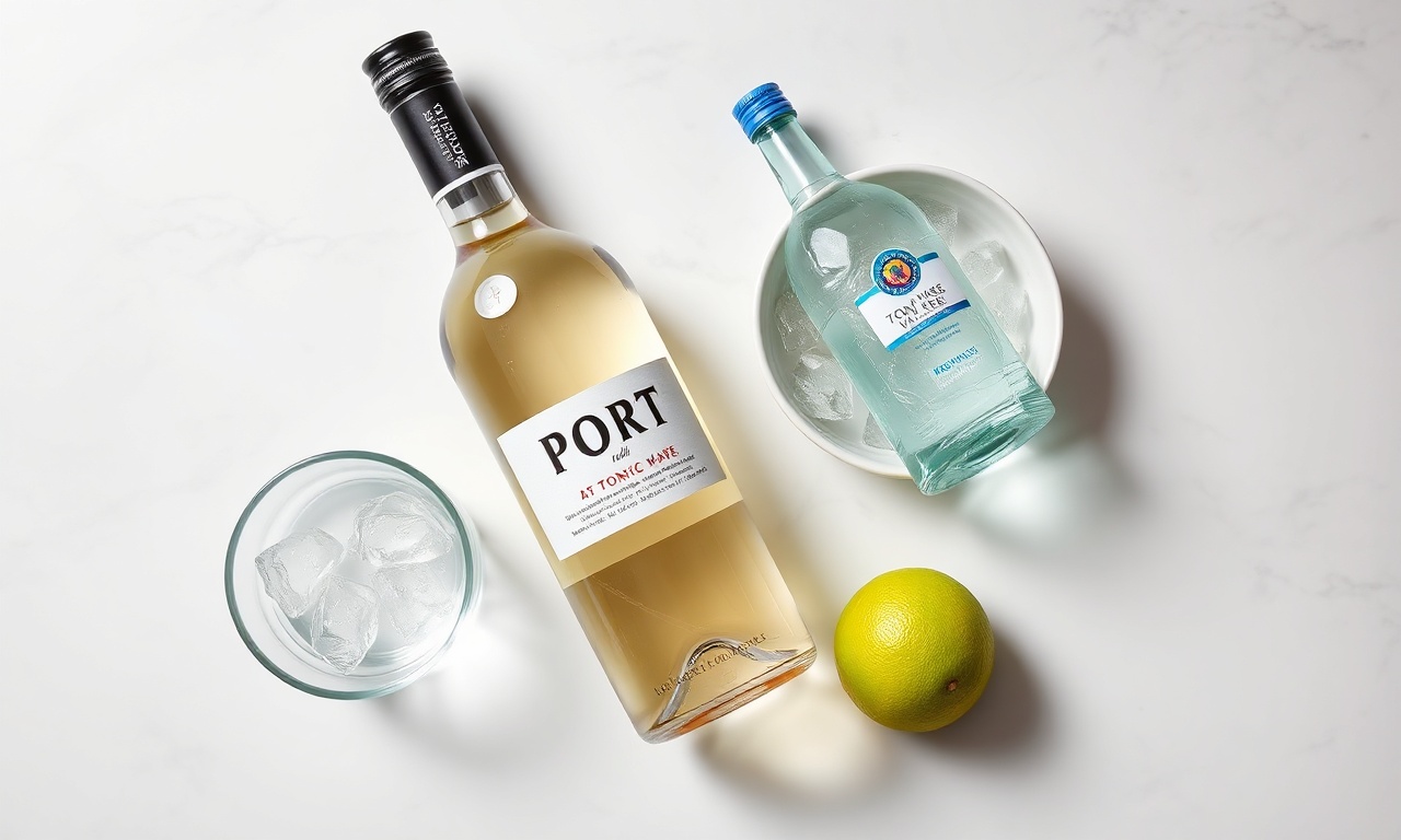 Vista de cima dos ingredientes para preparar o drink: a garrafa de Vinho do Porto branco, água tônica, gelo e lima.