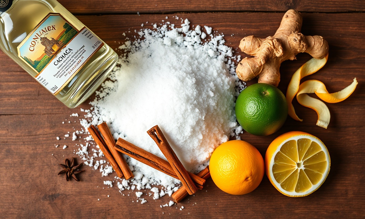 Vista de cima dos ingredientes frescos e secos organizados.