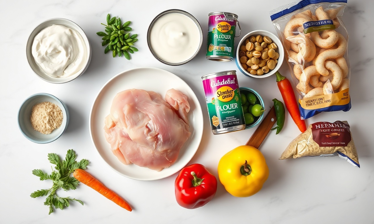 Vista de cima dos ingredientes frescos organizados em uma bancada de mármore.