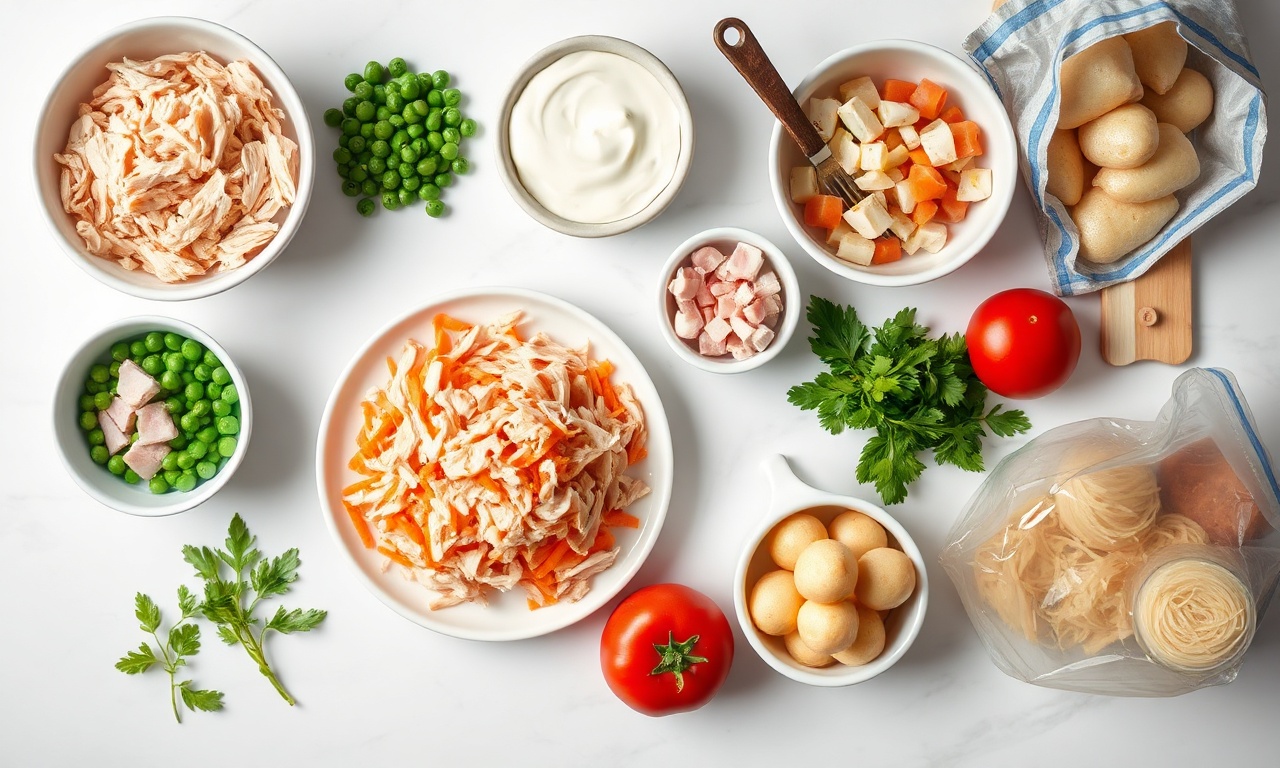Vista de cima com todos os ingredientes organizados: frango desfiado, legumes, queijos e molhos.