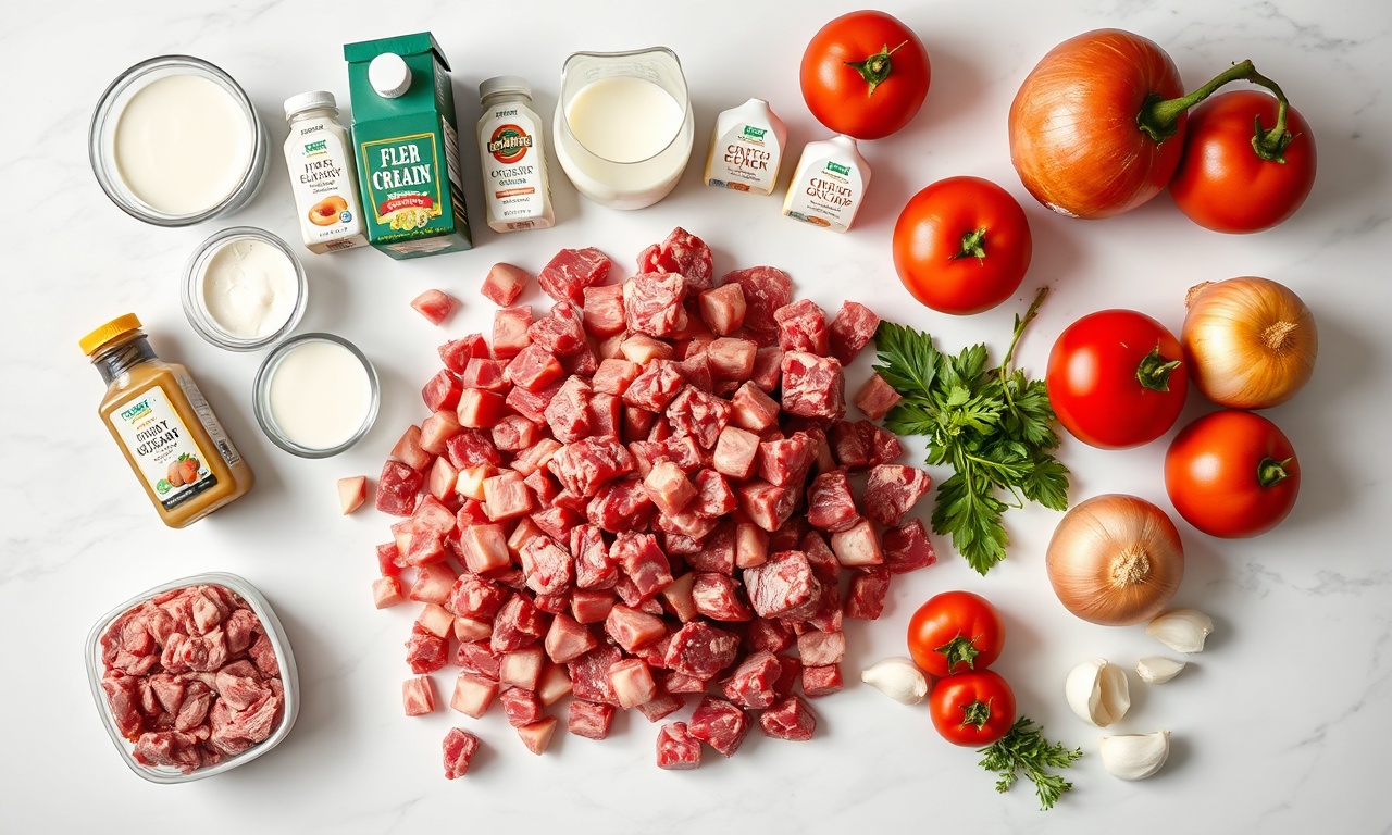 Vista de cima com todos os ingredientes medidos e prontos: carne, molhos, cebola e creme de leite.