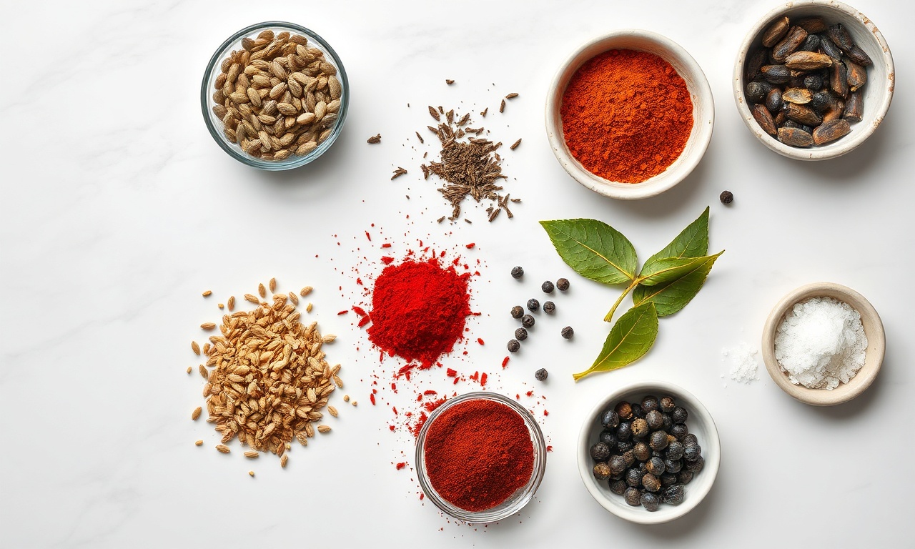 Tempero Baiano Caseiro: Pronto Em 15 Min Com 8 Ingredientes 4 Vista de cima dos 8 ingredientes organizados: coentro, cominho, urucum, pimentas e louro.