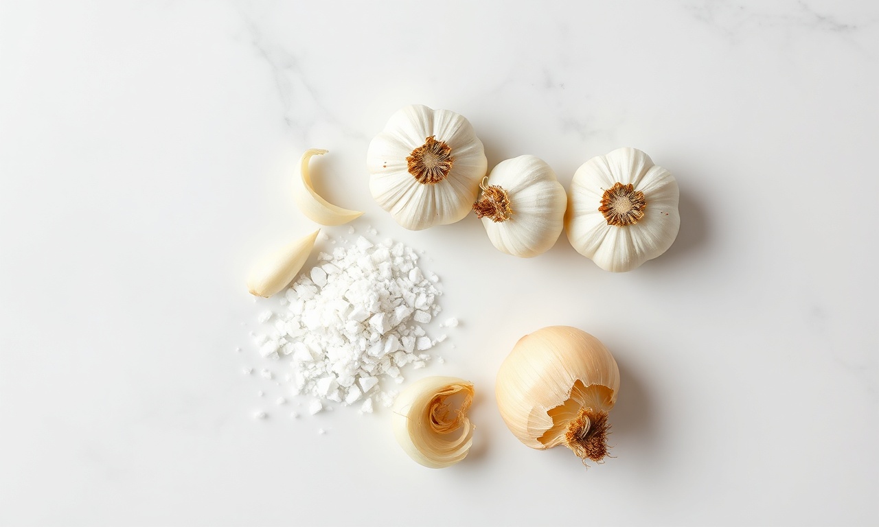 Vista de cima dos ingredientes frescos: alho, cebola e sal.