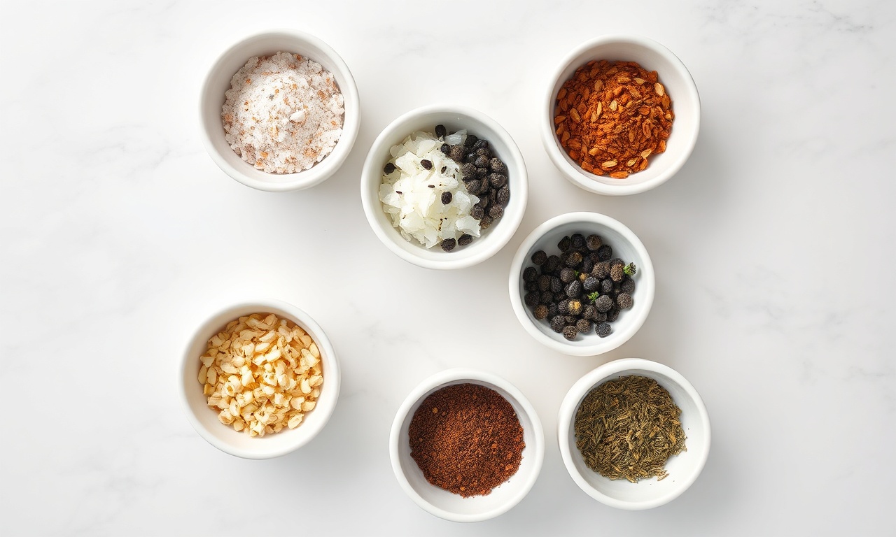 Vista de cima dos 7 ingredientes secos organizados em tigelas.