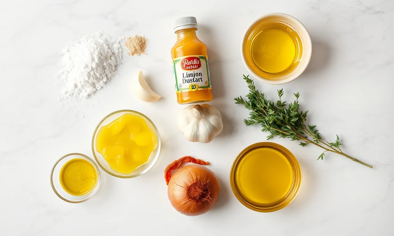 Vista de cima dos ingredientes do tempero: sal grosso, limão, mostarda, alho, cebola, páprica e azeite, organizados sobre uma superfície de mármore.