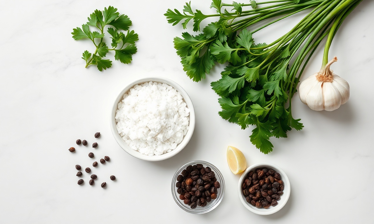 Tempero Mineiro Caseiro: A Base Aromática Para Feijão E Carnes 4 Vista de cima dos ingredientes frescos e secos organizados para a receita.