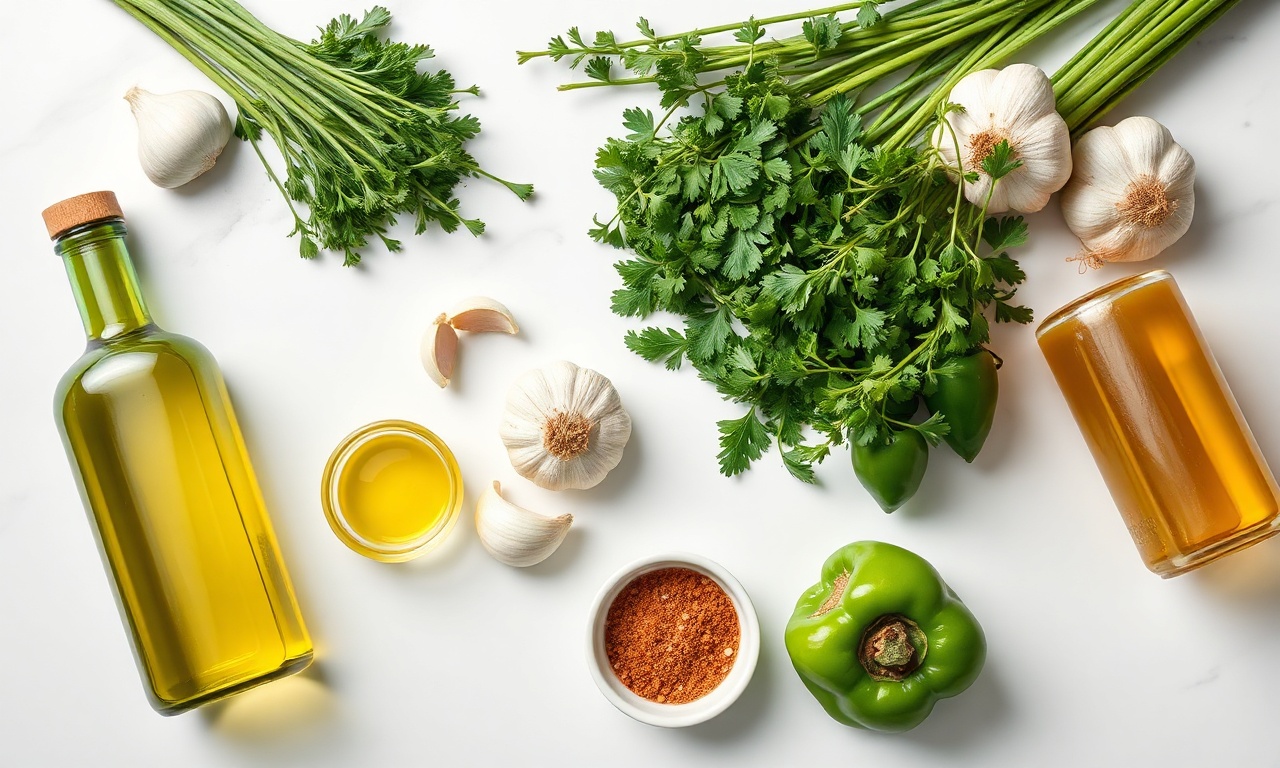 Tempero Verde Caseiro Cremoso E Versátil: Pronto Em 10 Min 4 Ingredientes frescos organizados em vista de cima