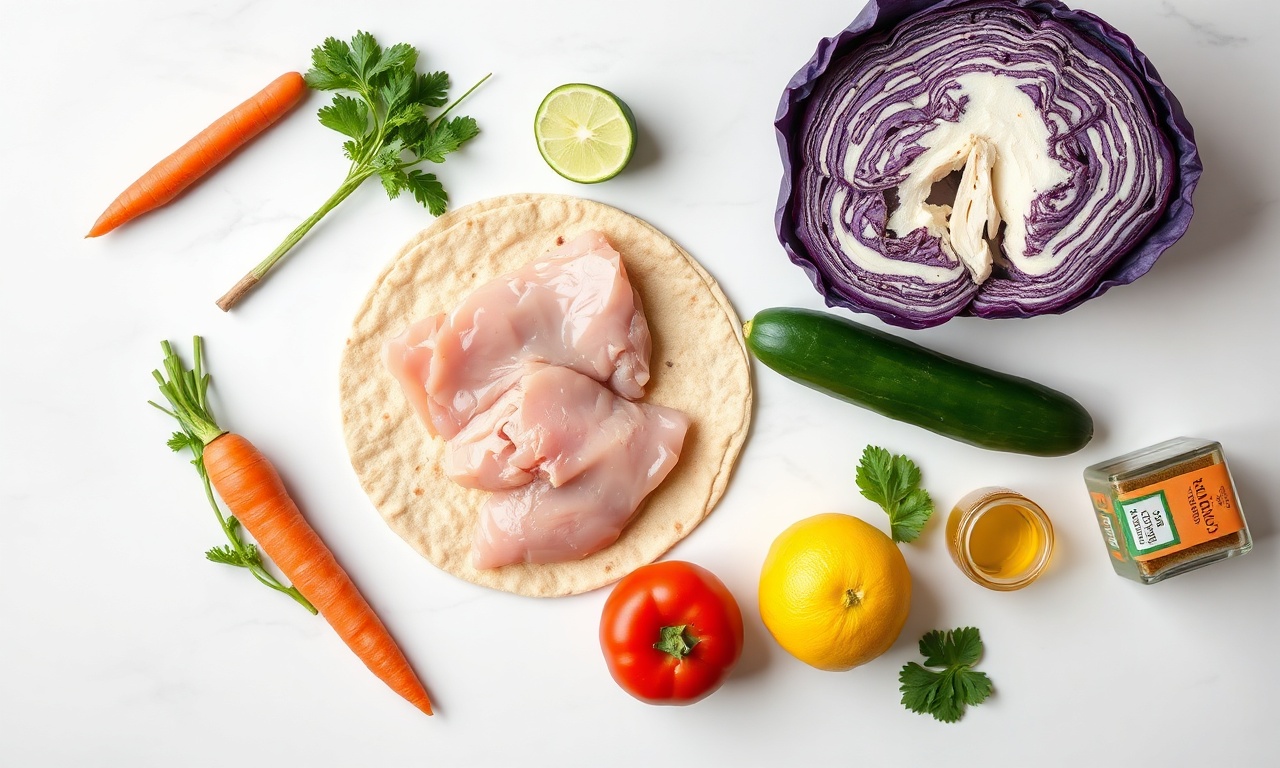 Wrap Fit De Frango: Fácil, Rápido E Com Apenas 9 Ingredientes 4 Vista de cima dos ingredientes crus e frescos, prontos para o preparo.