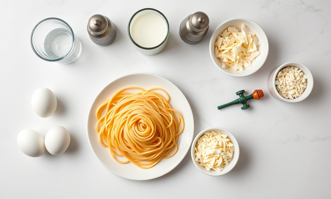 Omelete De Espaguete Fácil E Cremosa: Pronta Em 25 Minutos 4 Vista de cima dos ingredientes organizados na bancada.