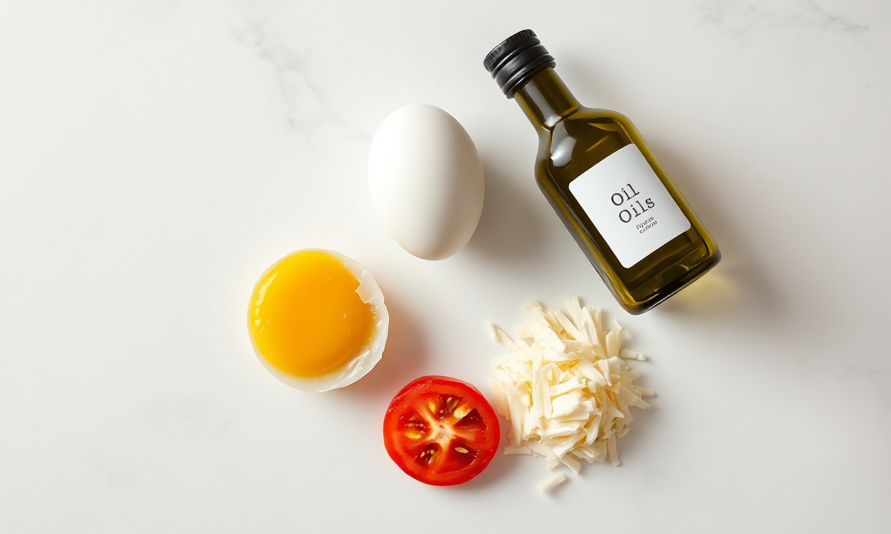 Vista de cima dos ingredientes simples e frescos organizados sobre superfície clara.
