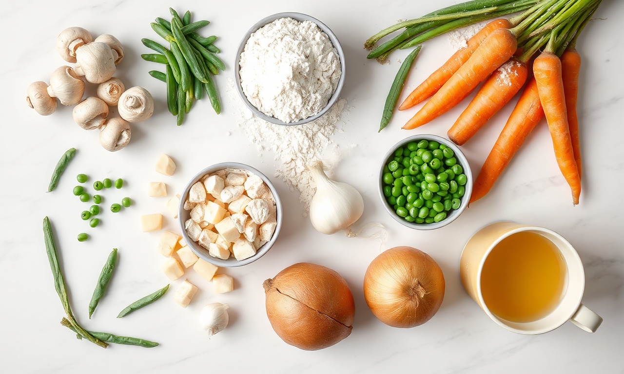 One Pot Pie De Legumes: Receita Fácil E Saudável 4 Vista de cima dos ingredientes frescos e organizados para a receita.
