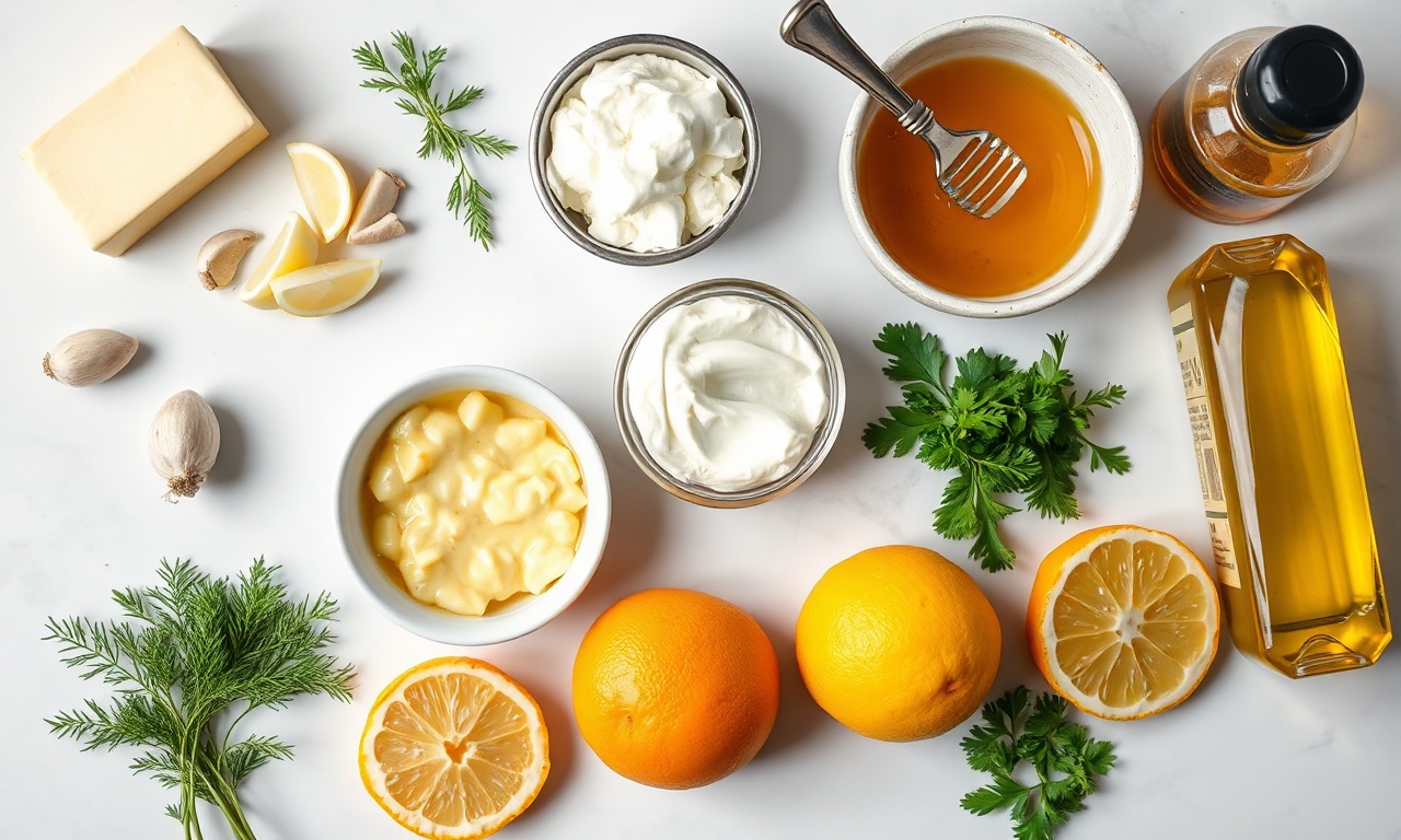 Vista de cima dos ingredientes frescos e organizados para os cinco molhos.