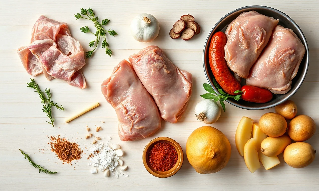 Vista de cima dos principais ingredientes para os petiscos, como pele de porco, frango, linguiça e mandioca.