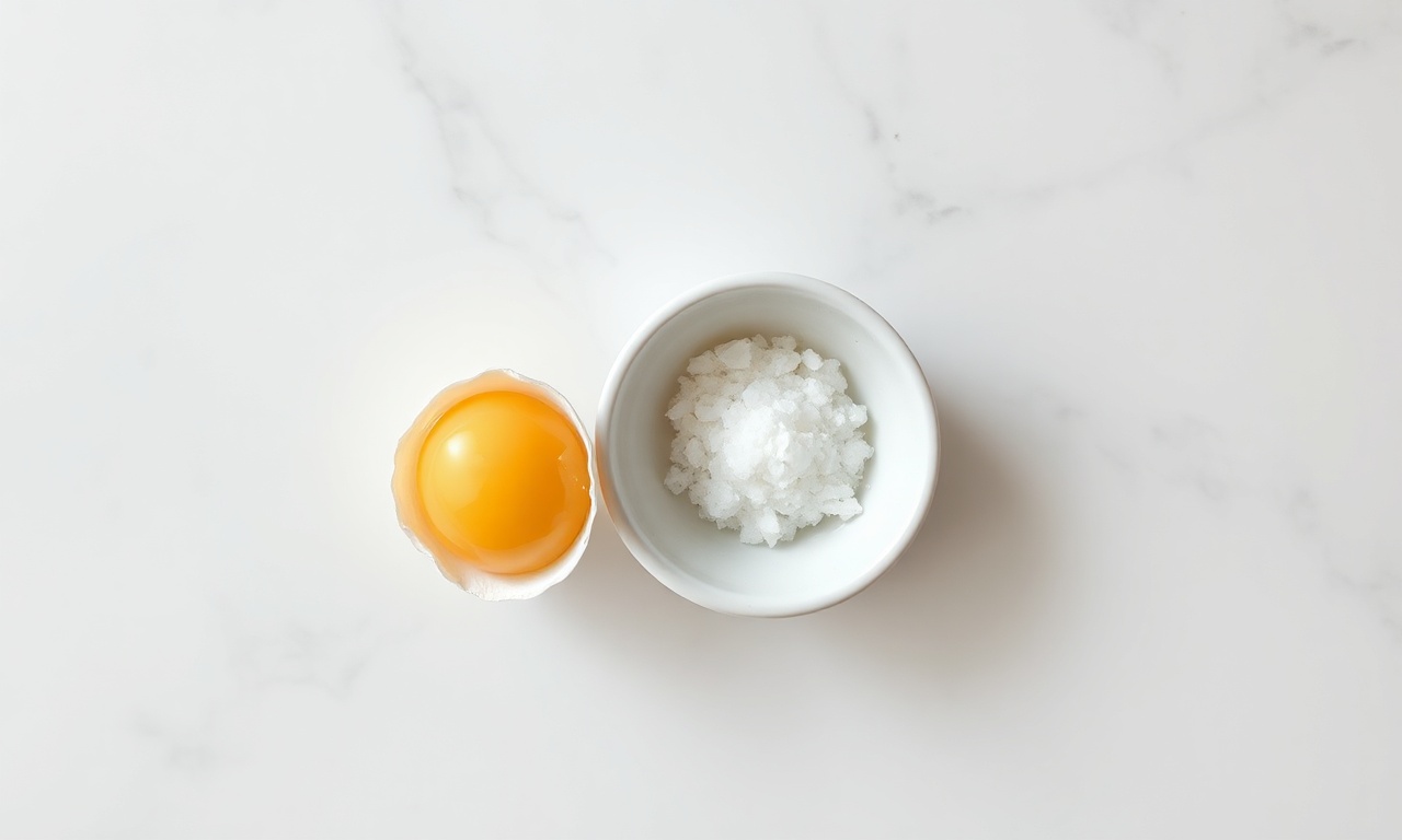 Vista de cima dos ingredientes simples: um ovo cru, um pires e um saleiro.