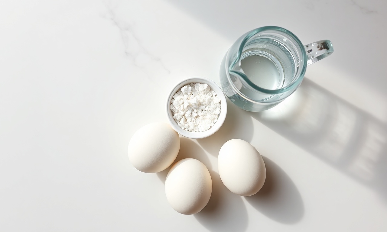 Vista de cima dos ingredientes simples: ovos, água e sal grosso.