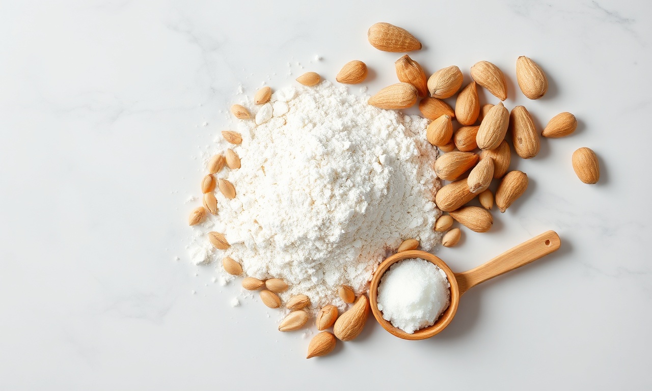 Paçoca De Amendoim Da Roça Com Farinha De Mandioca 4 Vista de cima dos ingredientes crus e organizados: amendoim, farinha de mandioca, açúcar e sal.