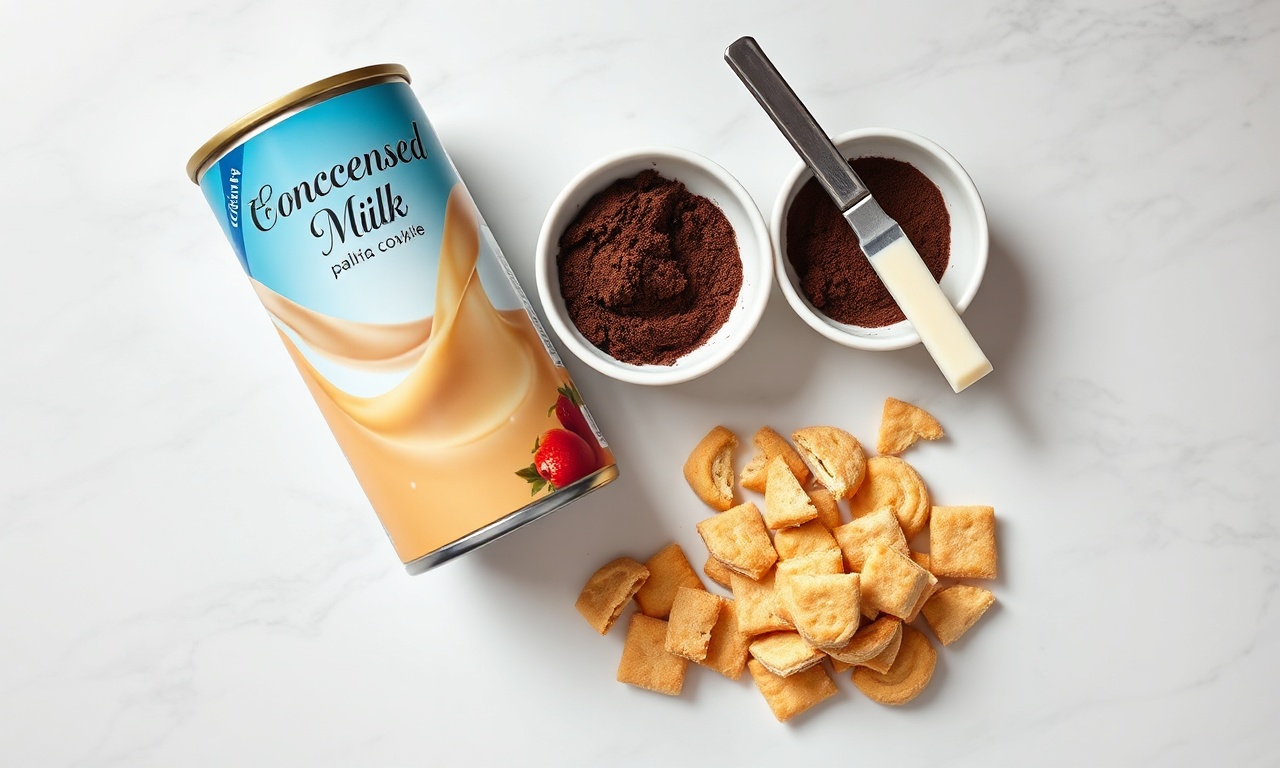 Vista de cima dos ingredientes principais: leite condensado, chocolate em pó, margarina e biscoitos maisena.