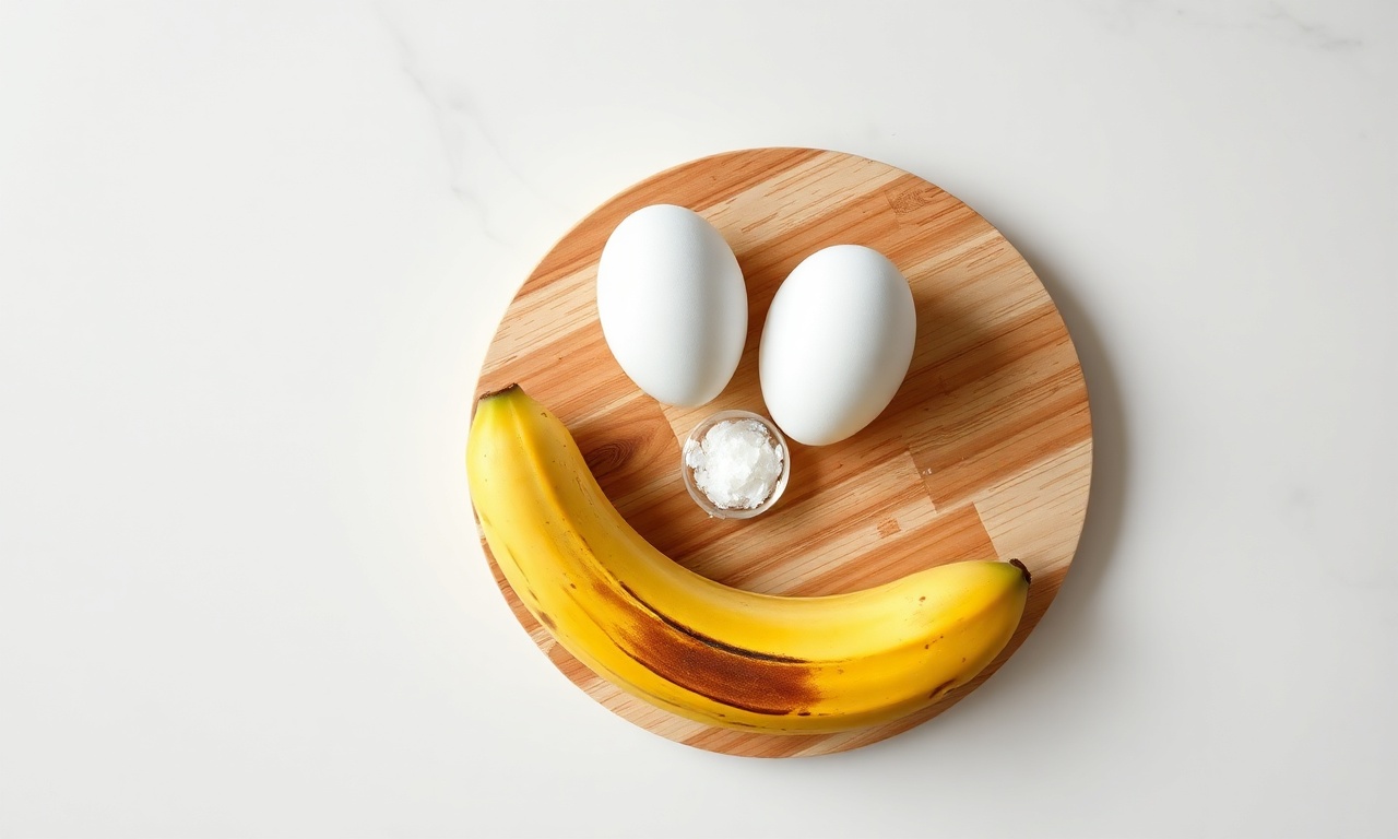 Vista de cima dos ingredientes simples: uma banana madura, dois ovos e uma pitada de sal.