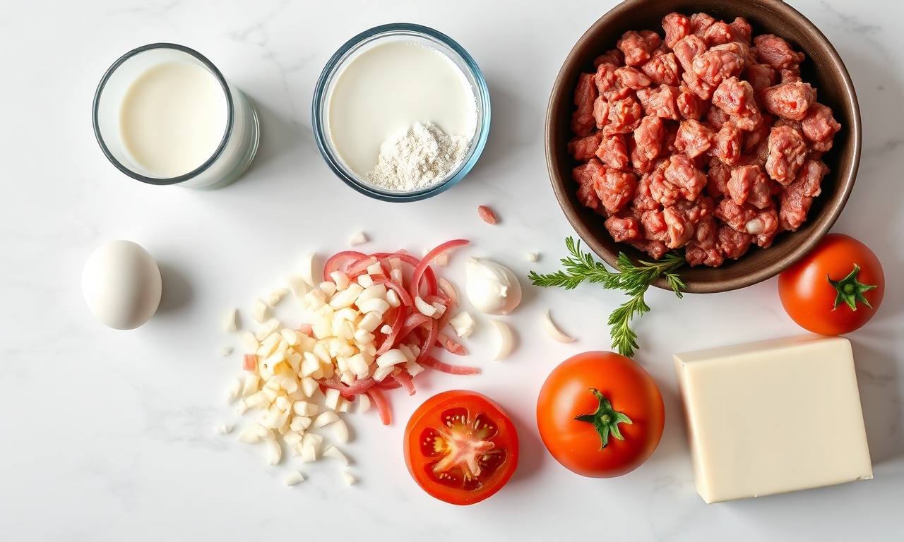 Panqueca De Carne Moída Gratinada: Cremosa E Fácil 4 Vista de cima dos ingredientes organizados