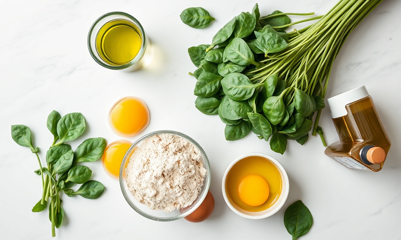 Vista de cima dos ingredientes organizados em uma superfície clara.