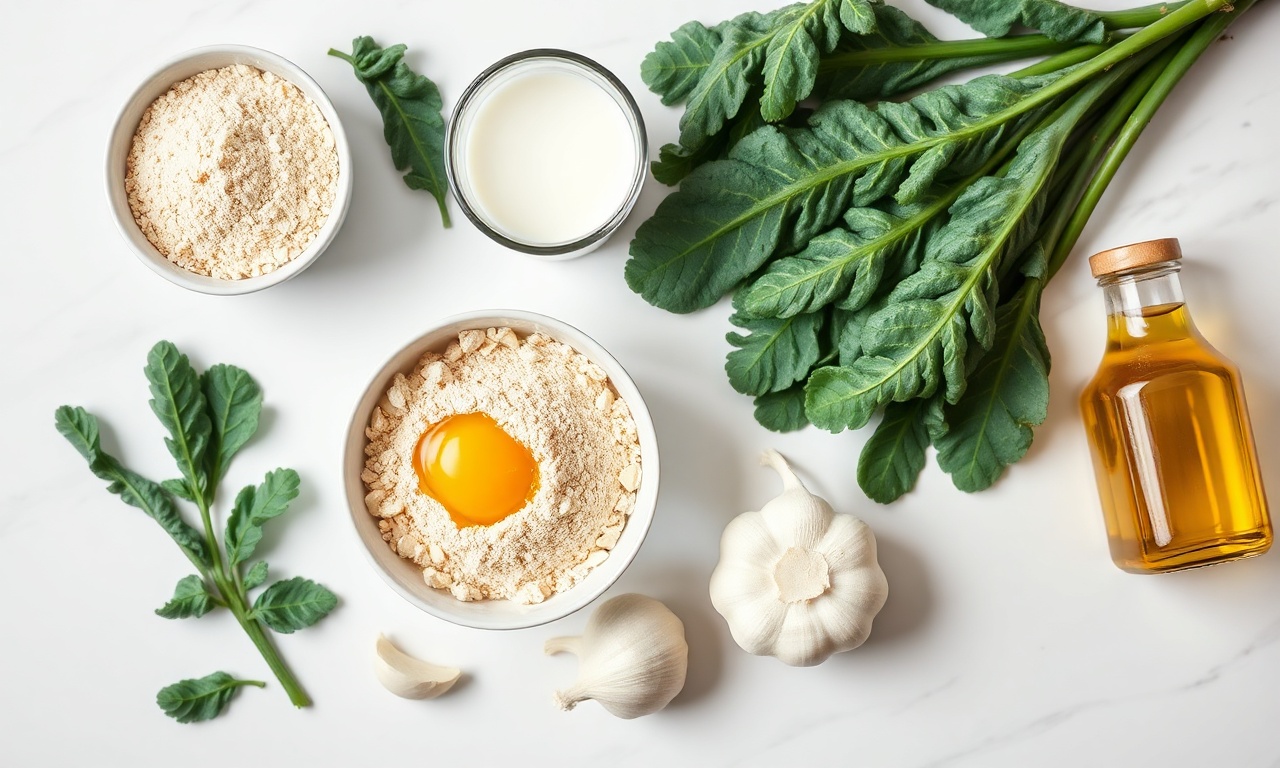 Vista de cima dos ingredientes: fubá, farinha, ovo, leite, couve, alho e azeite.