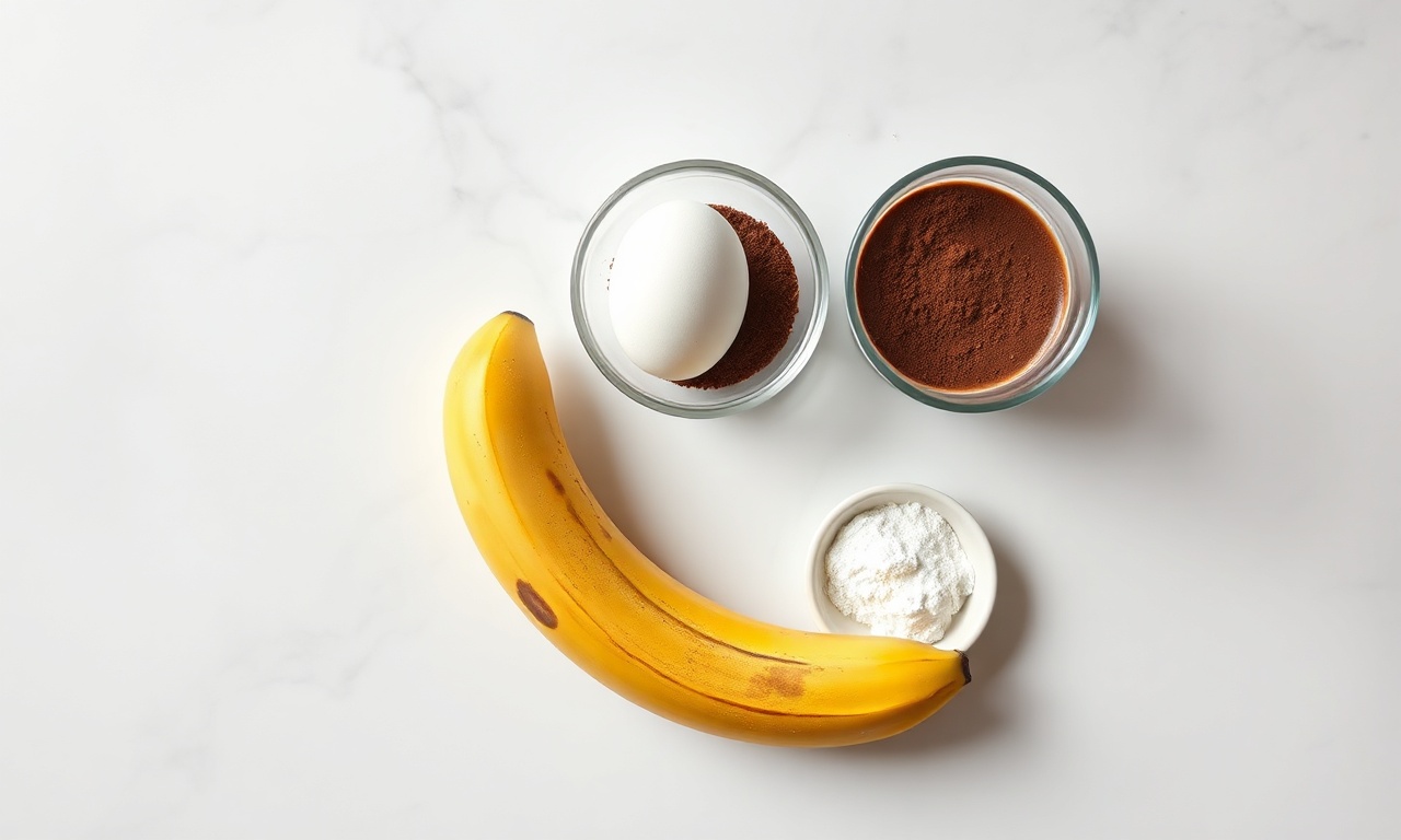 Vista de cima dos 5 ingredientes: banana, ovo, whey, leite e fermento.