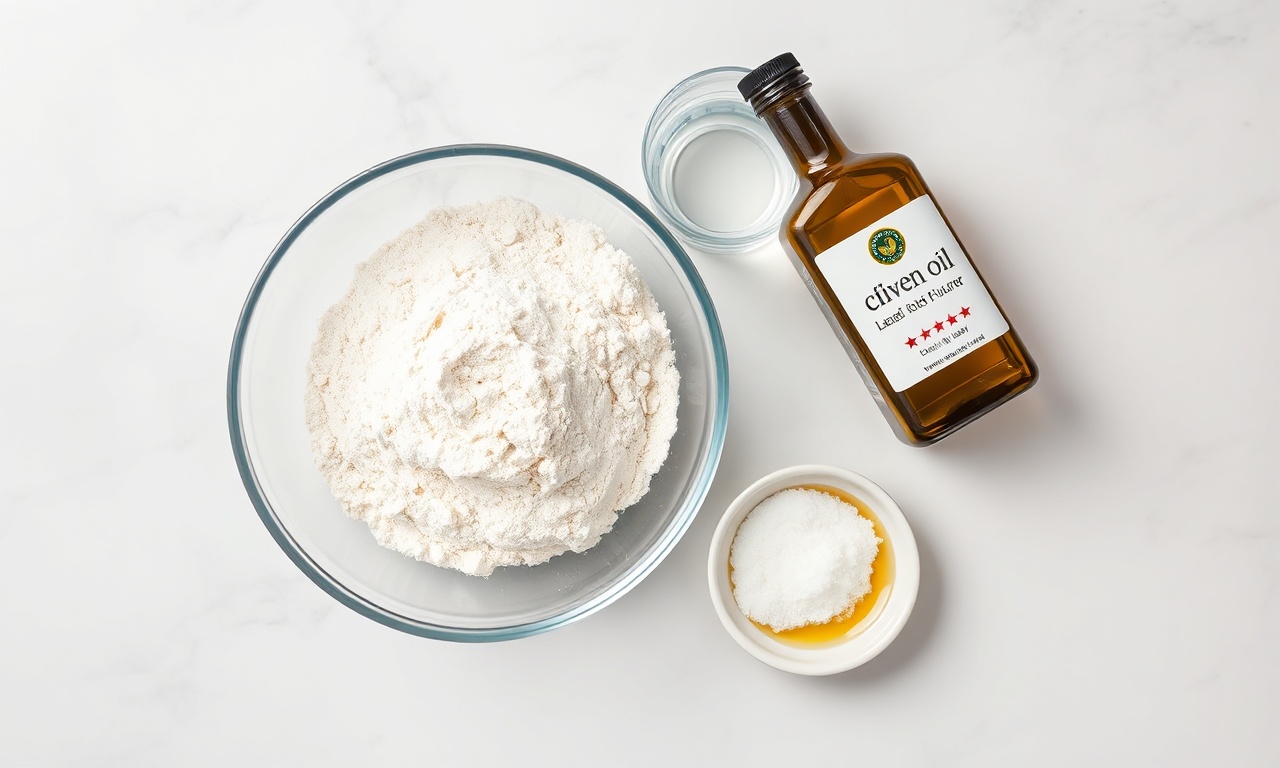 Pão Árabe Sem Glúten Fofinho Com Bolsa Perfeita 4 Vista de cima dos ingredientes organizados em tigelas.