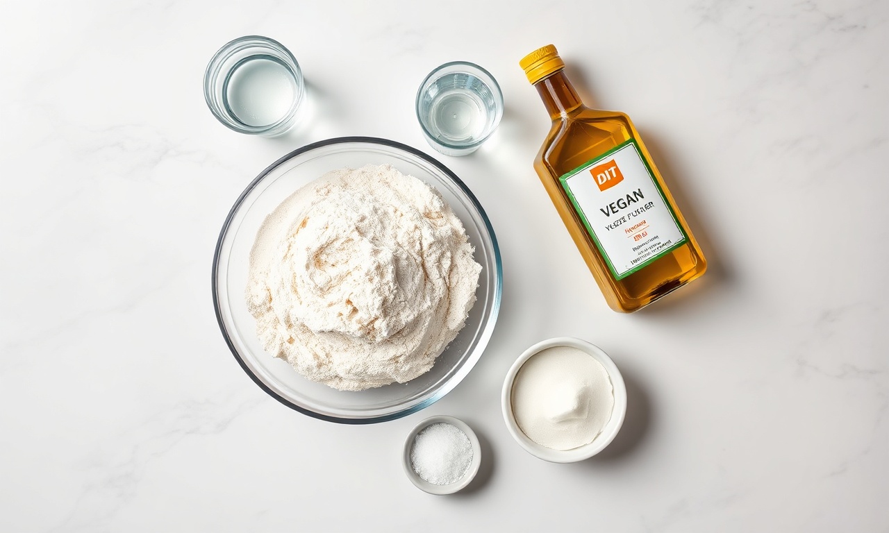 Vista de cima dos 5 ingredientes simples: farinha, fermento, sal, açúcar, óleo e água.