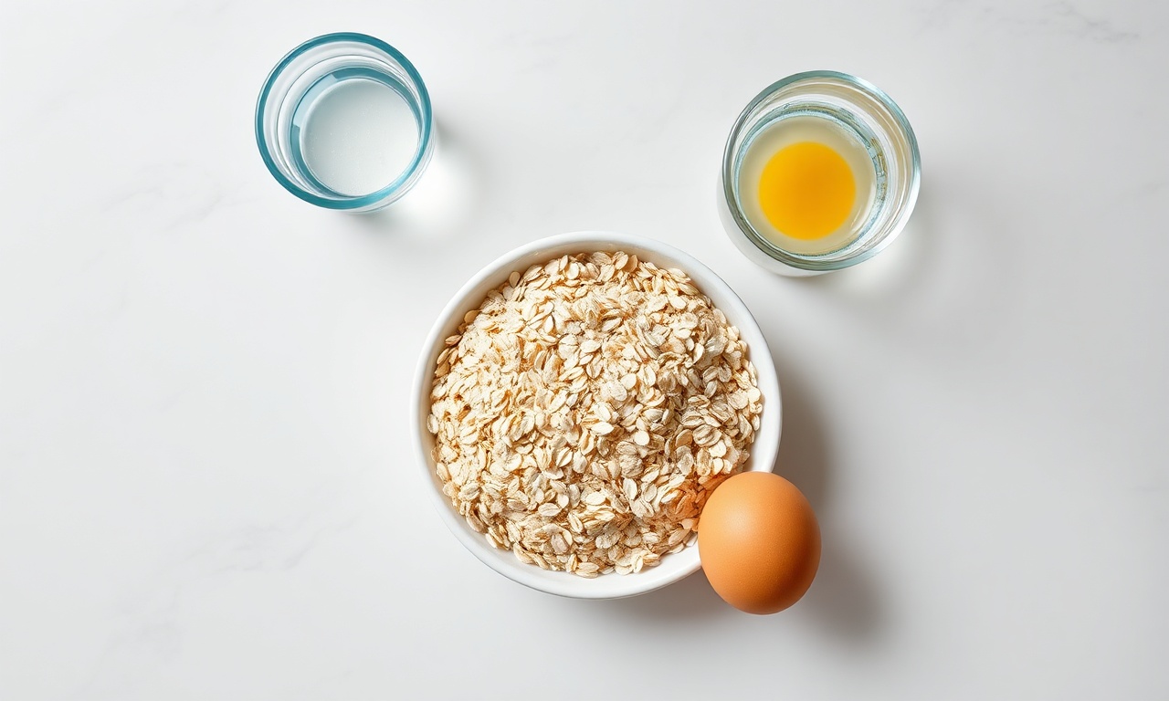 Vista de cima dos 4 ingredientes simples: aveia, ovo, água e sal.