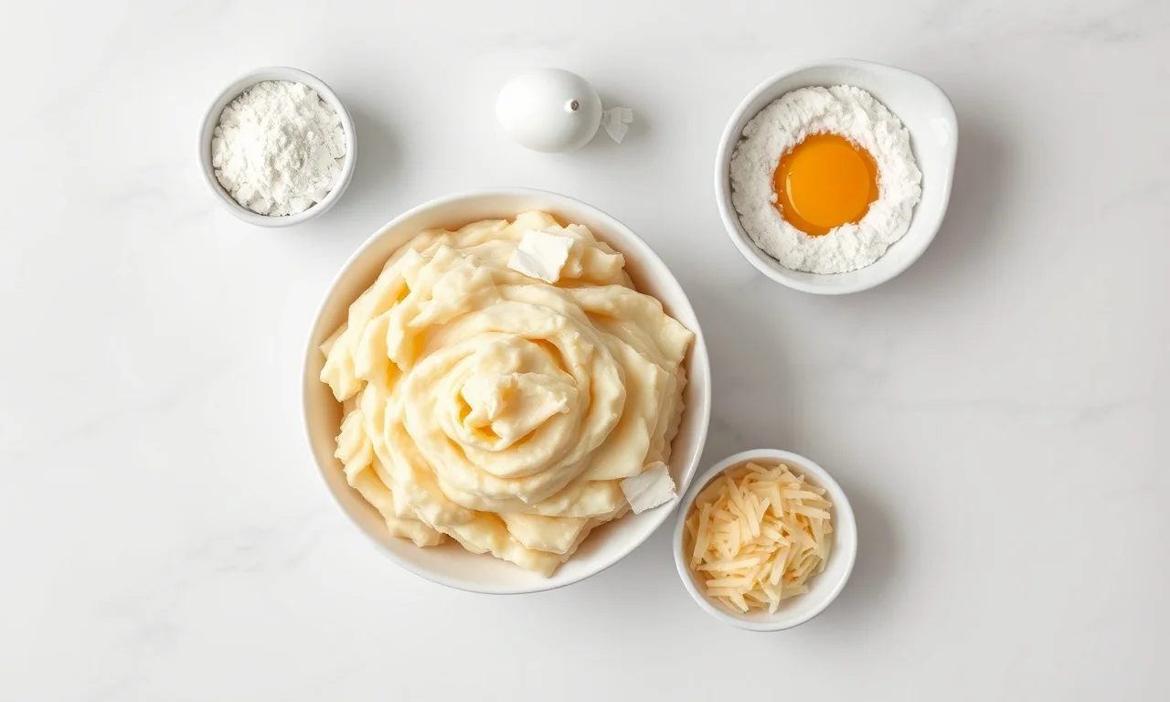 Vista de cima dos 5 ingredientes organizados sobre superfície clara