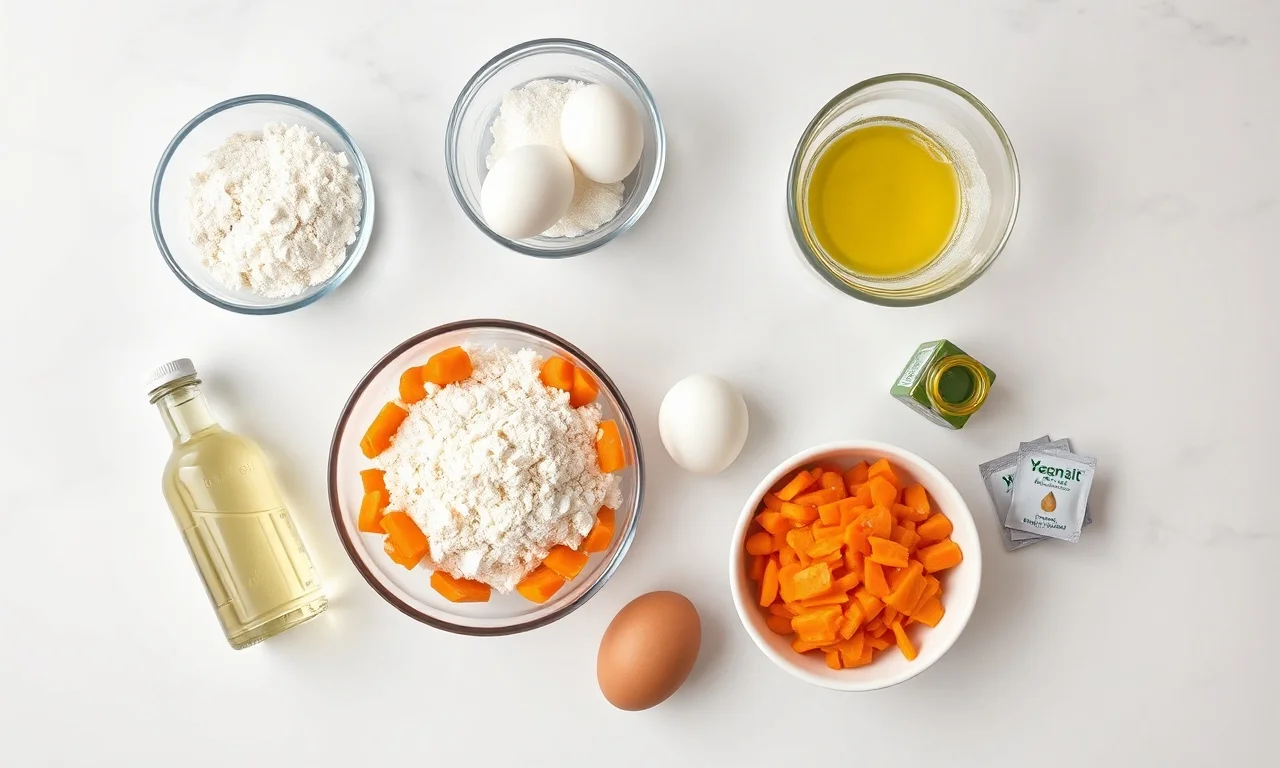 Vista de cima dos ingredientes organizados em superfície clara.