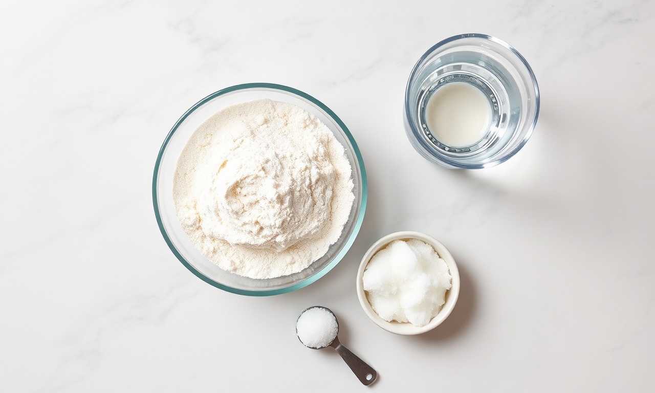 Pão De Forma Na Airfryer Fofinho Com 5 Ingredientes 4 Vista de cima dos 5 ingredientes básicos organizados.
