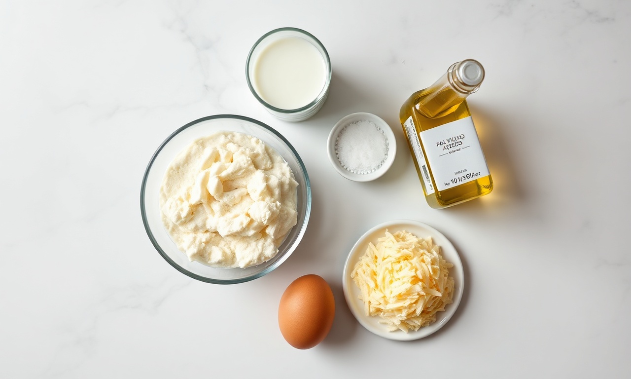 Vista de cima dos seis ingredientes organizados: polvilho, leite, ovos, queijo, óleo e sal