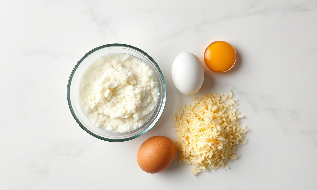 Vista de cima dos três ingredientes principais: polvilho azedo, ovos e queijo meia-cura.