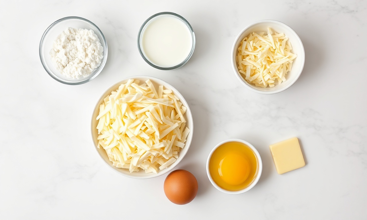 Vista de cima dos ingredientes principais: polvilho, queijos, leite, ovo e manteiga.