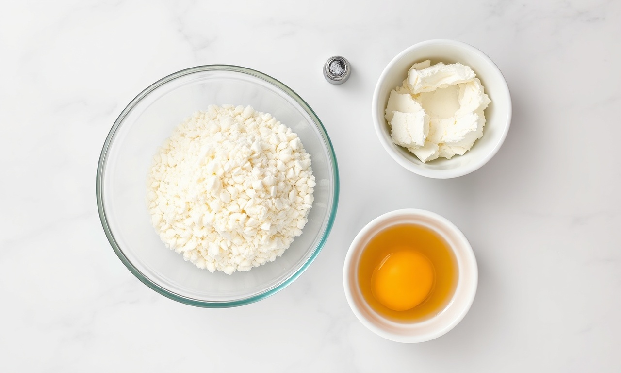 Pão De Queijo Fit De Tapioca: Fofinho Com 5 Ingredientes 4 Vista de cima dos 5 ingredientes: tapioca, cottage, ovo, sal e fermento.