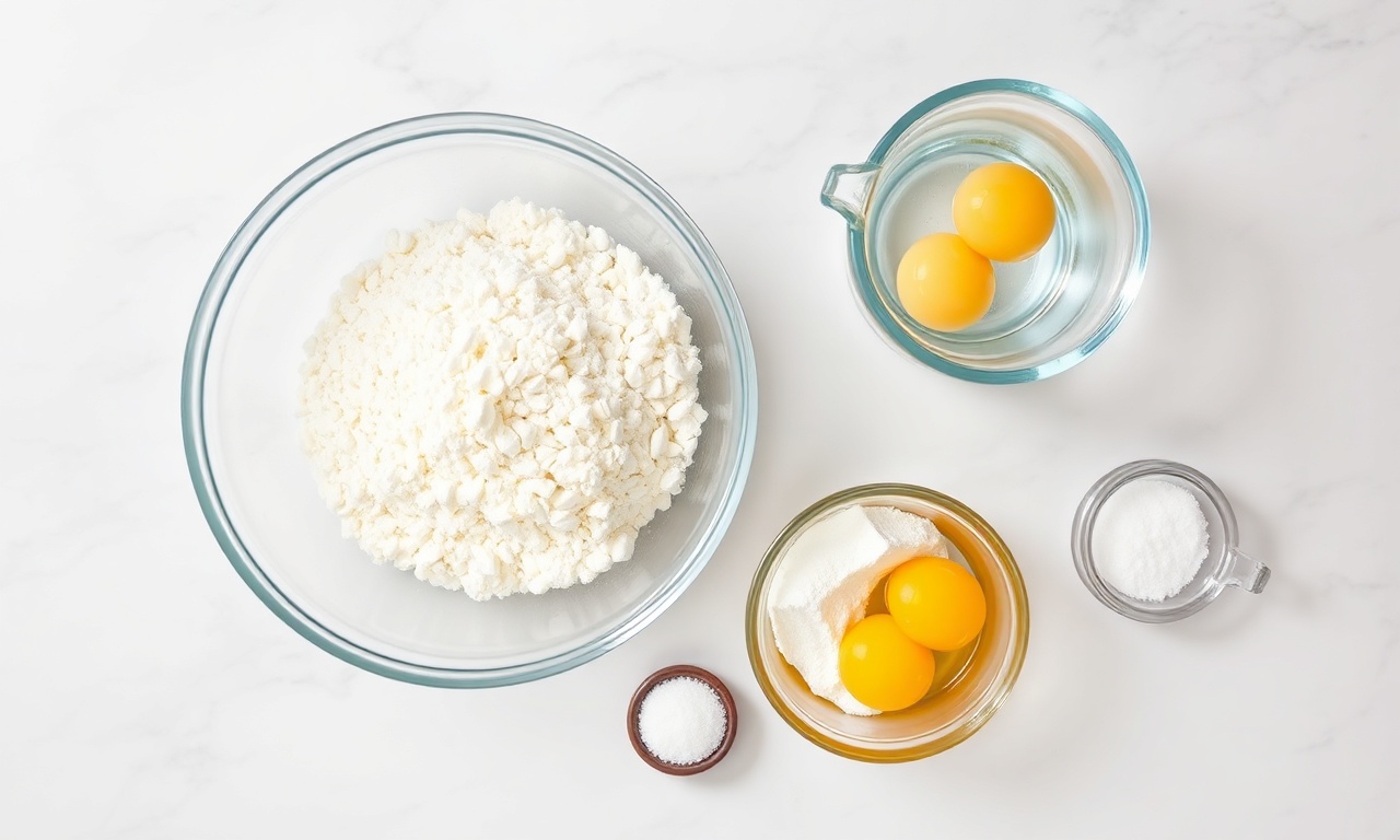 Vista de cima dos 6 ingredientes organizados: tapioca, água, cottage em pó, claras, fermento e sal.