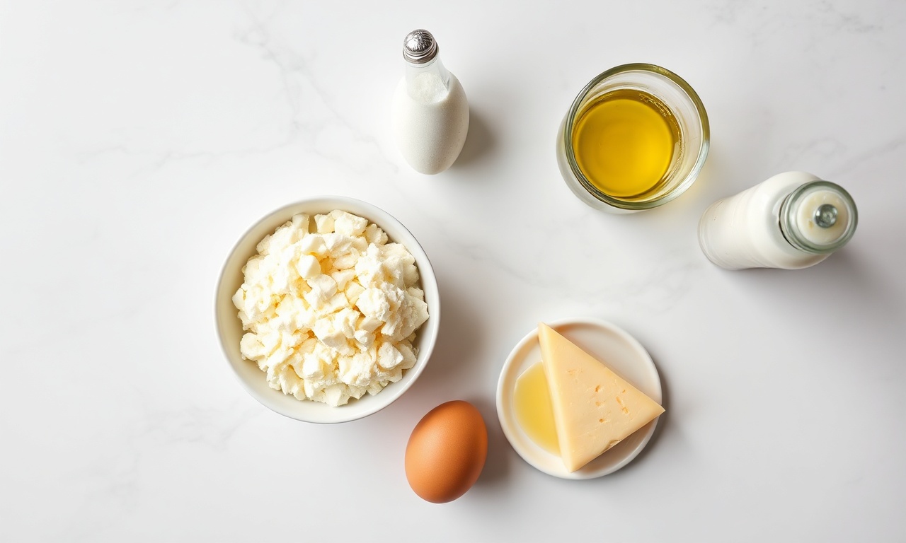 Vista de cima dos ingredientes organizados: polvilho, queijos, ovos, azeite e leite.