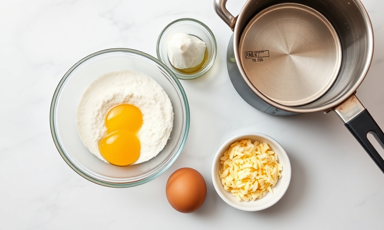 Vista de cima dos ingredientes organizados sobre superfície de mármore.