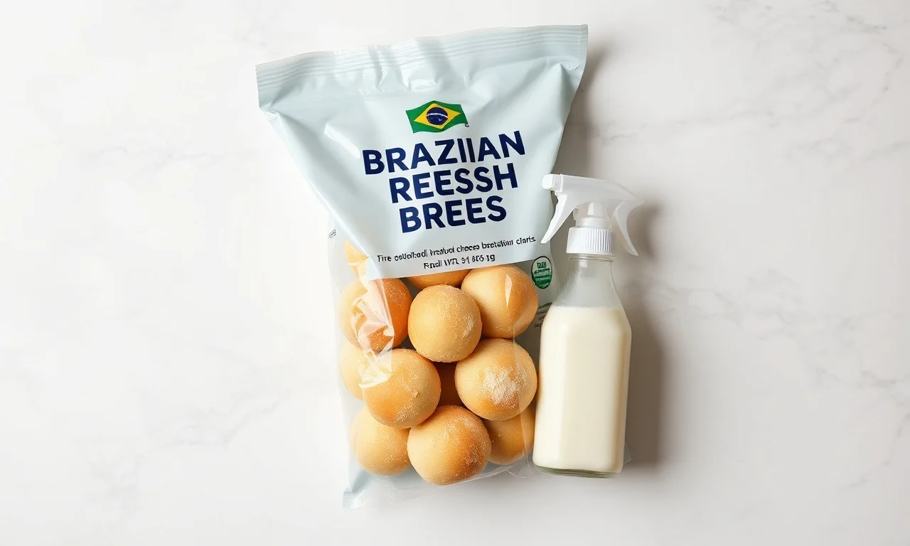 Pães de queijo congelados e um borrifador com leite.