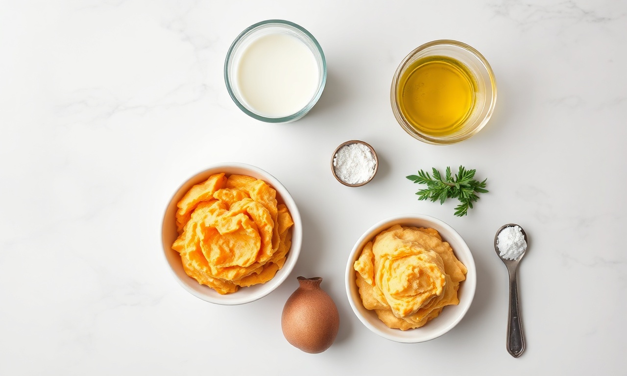 Vista de cima dos seis ingredientes principais: batata-doce, polvilho, leite vegetal, óleo, sal e fermento.