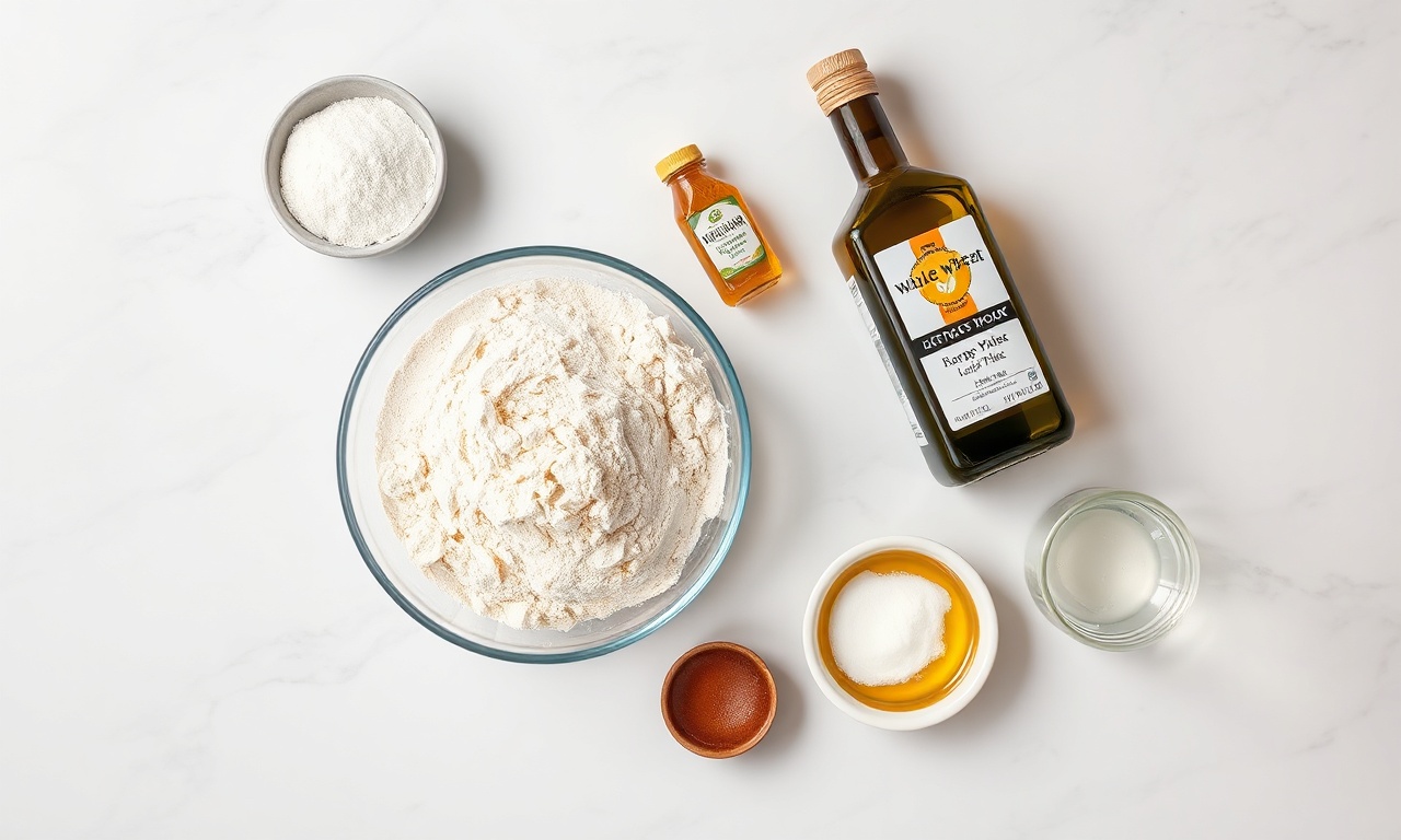 Vista de cima dos ingredientes simples e organizados: farinha integral, fermento, azeite, mel, sal e água morna.
