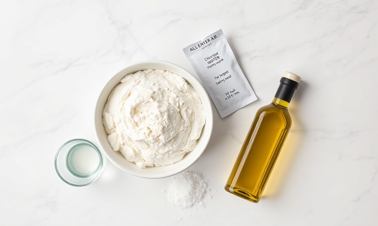 Vista de cima dos 5 ingredientes simples para o pão.