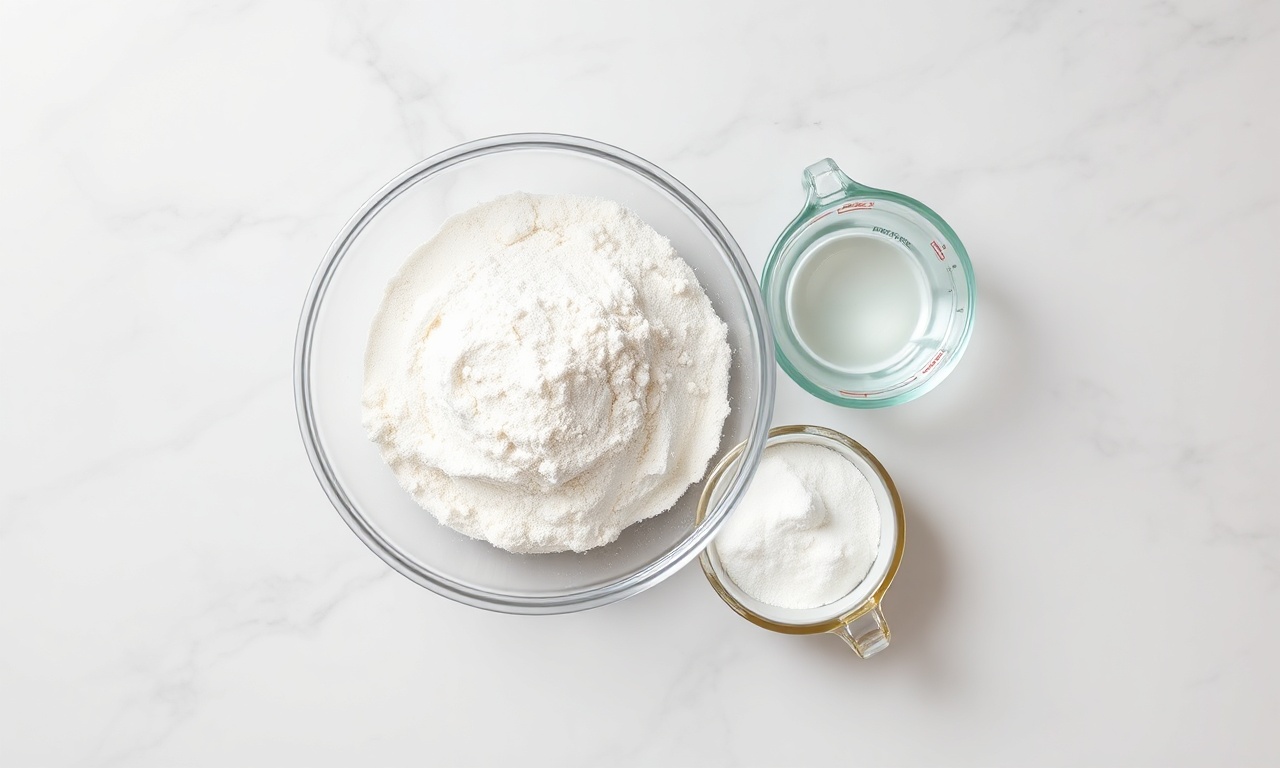 Vista de cima dos 3 ingredientes: farinha, fermento e água.