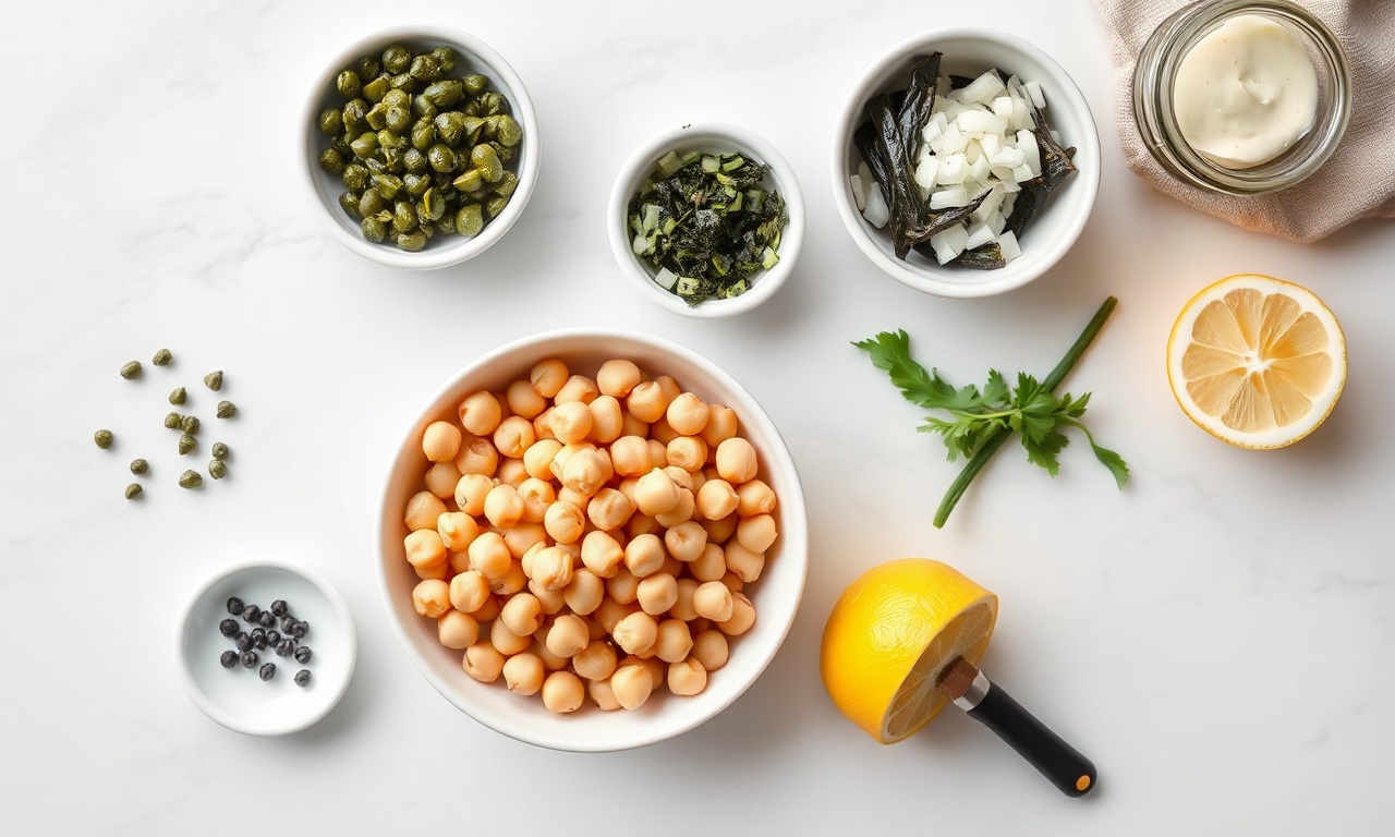 Vista de cima dos ingredientes organizados em tigelas e pratos.