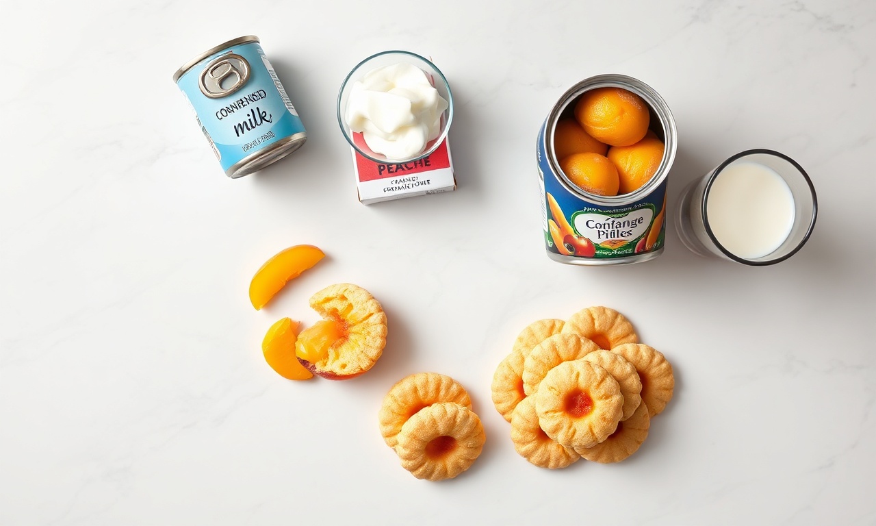 Vista de cima dos ingredientes organizados: leite condensado, creme de leite fresco, pêssego em calda, biscoitos champagne e leite.