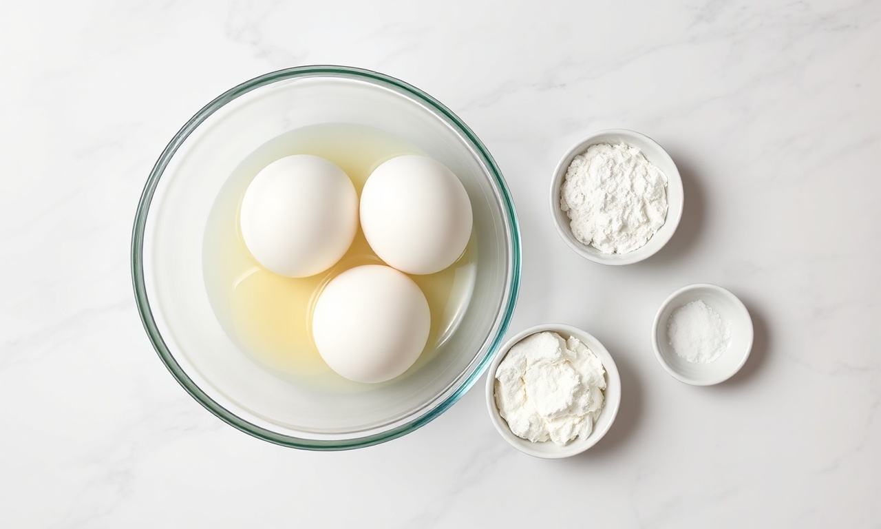 Pavlova Sem Açúcar: Crocante, Fofinha E Com Apenas 5 Ingredientes 4 Vista de cima dos ingredientes organizados e prontos para uso.