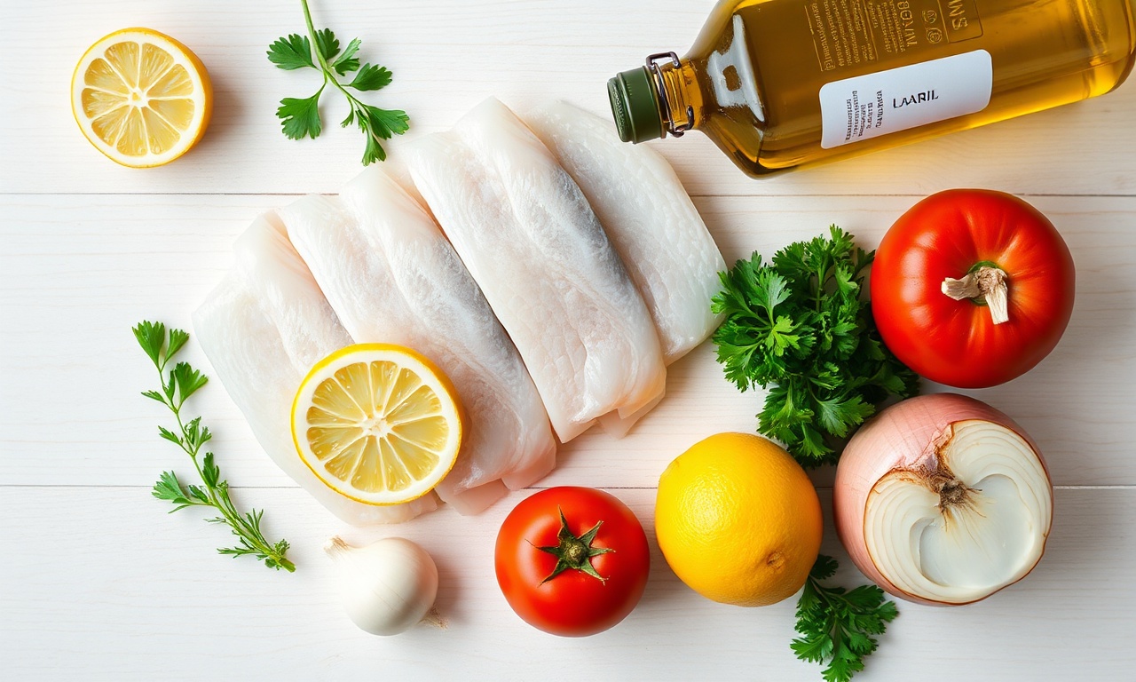 Peixe Para Semana Santa: Assado No Forno Fácil E Suculento 4 Vista de cima dos ingredientes frescos organizados sobre uma superfície de madeira clara.