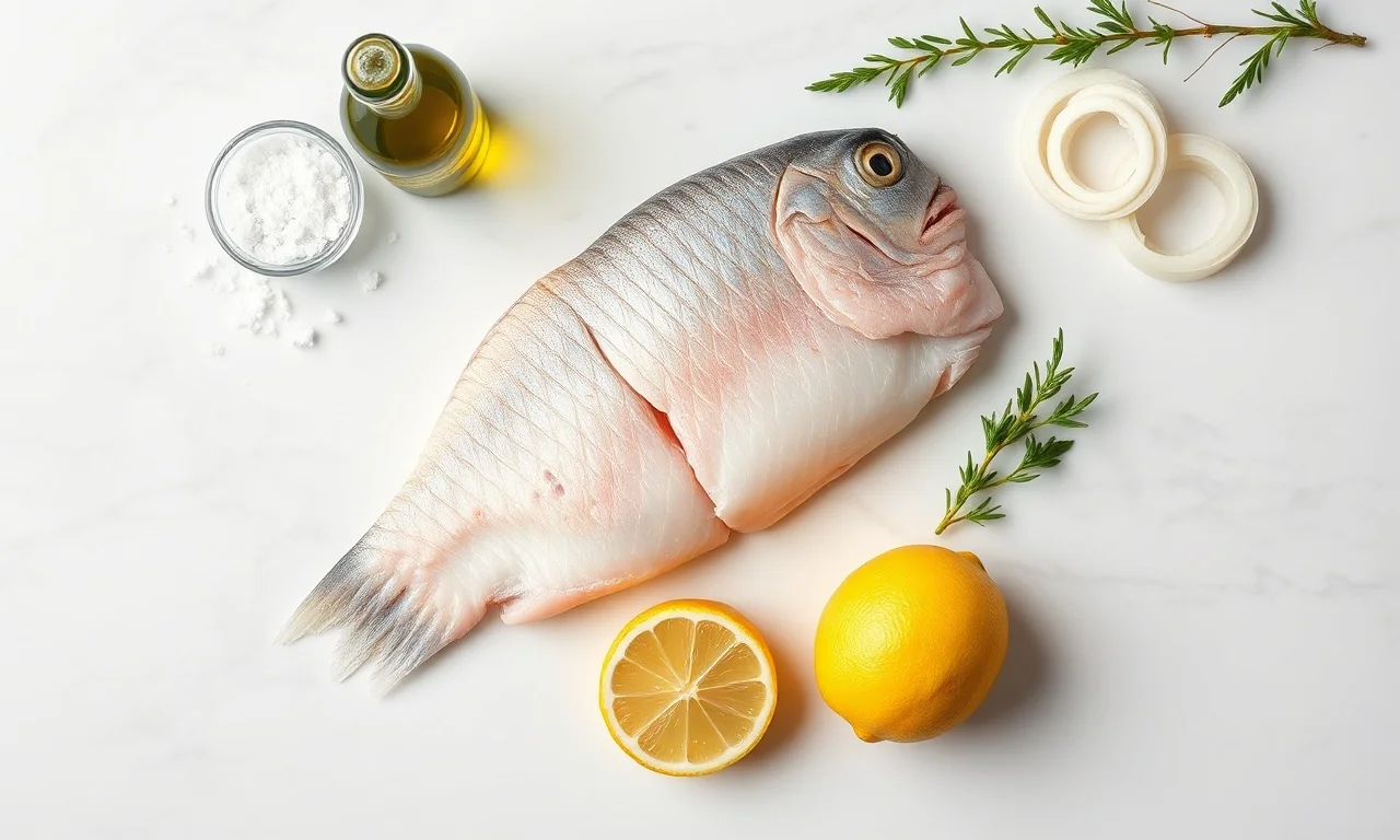 Vista de cima dos 6 ingredientes frescos e simples para a receita.